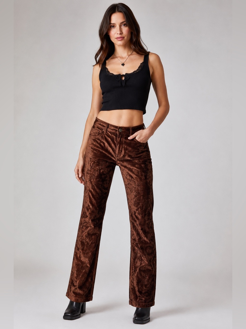 PAIGE Brown Crushed Velvet Pants Straight Leg Y2K Glam Luxe Moody Festival Boho